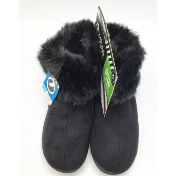 Isotoner Woodlands Slippers Womens 9.5-10 XL Black Fur Lined Memory Foam Booties - Picture 9 of 10